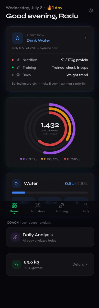 FitterEater dashboard: calories remaining, macro rings and today's coach summary