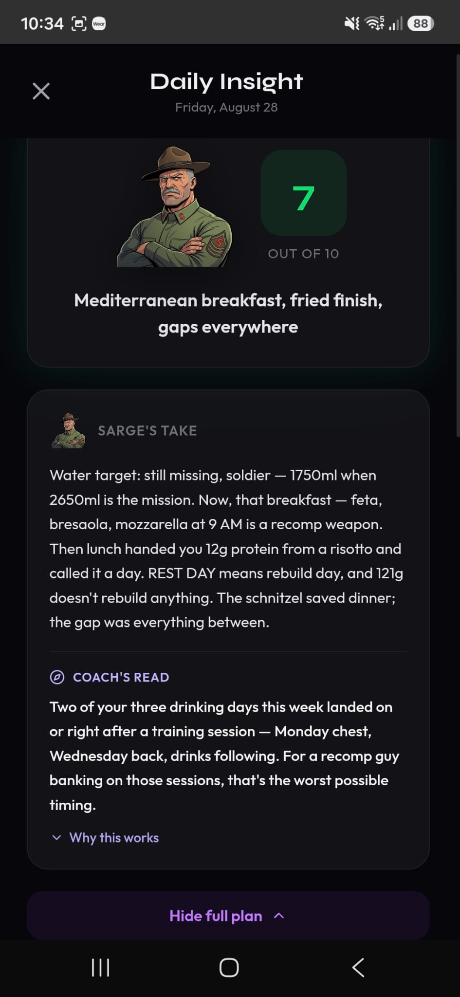 Daily read screen with a score out of 10, the takeaway and the recommended moves
