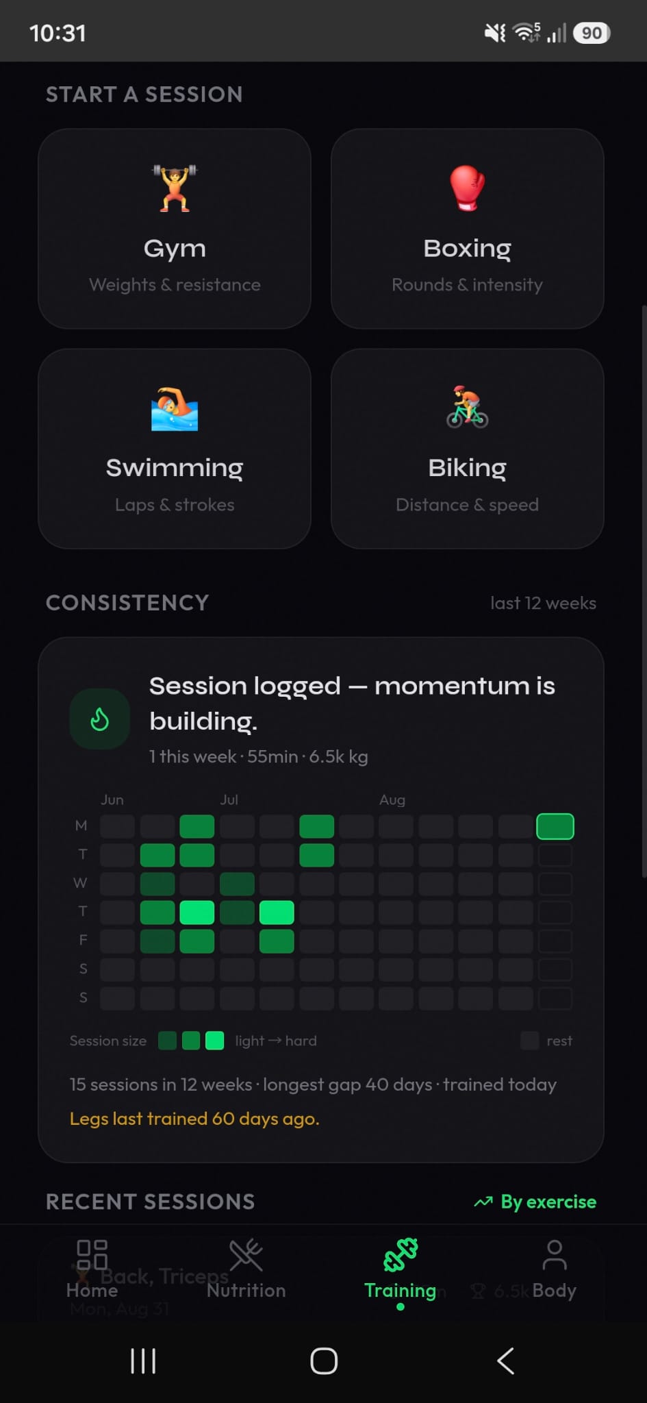 Training tab showing session types, a 12-week consistency heatmap and recent sessions